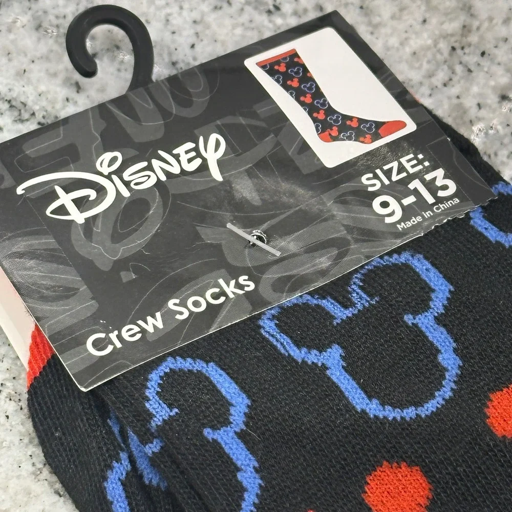 Disney Mens 9-13 Crew Socks Black Mickey Mouse Silhouette Red Blue Novelty New